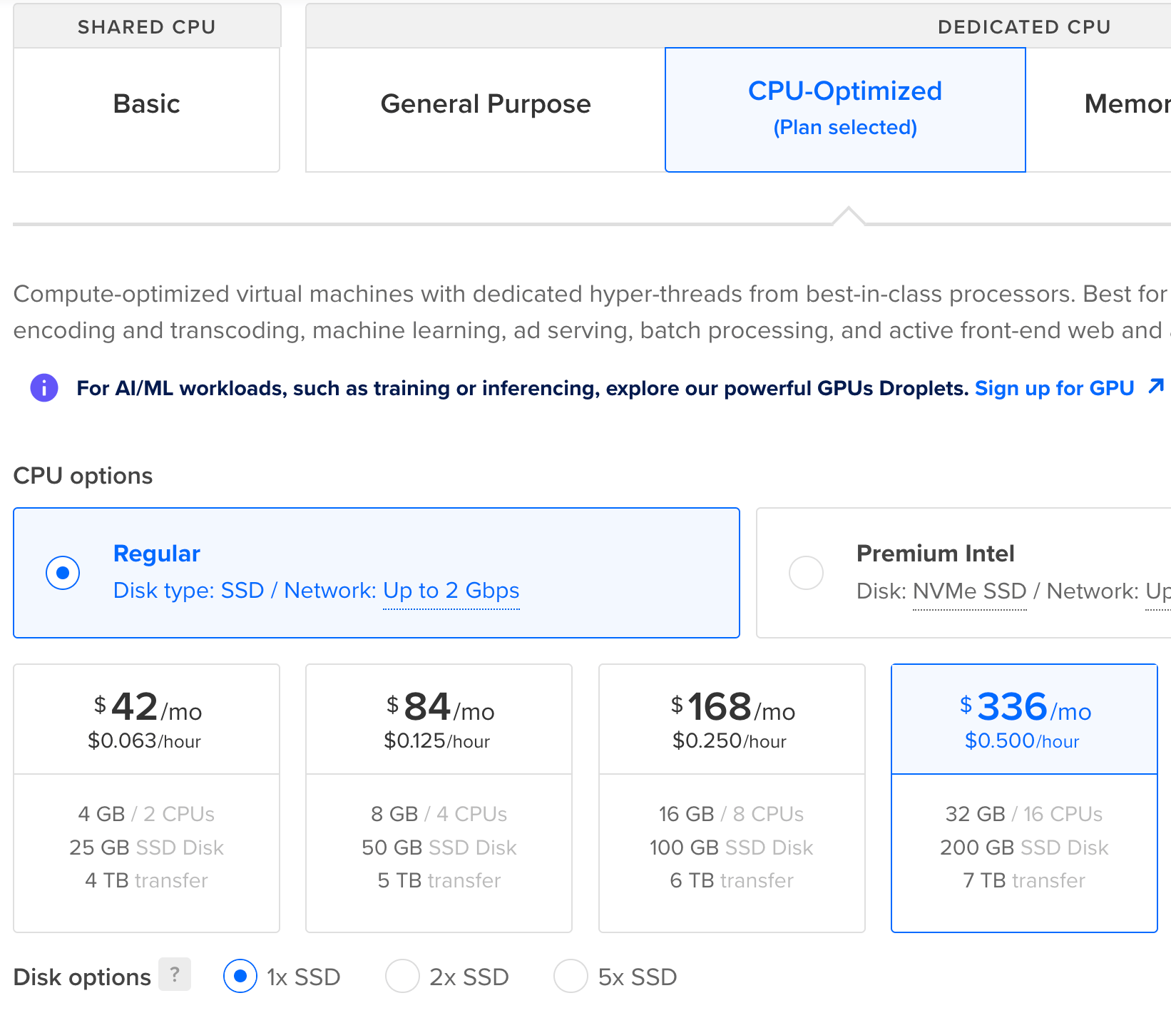 Droplet configuration showing CPU-Optimized plan selected with Premium Intel