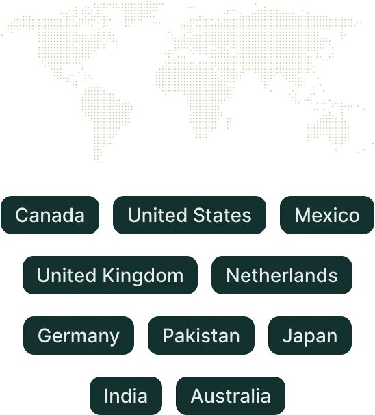 Digital world map, with cities highlighted: Canada, United States, Mexico, United Kingdom, Netherlands, Germany, Pakistan, India, Japan, Australia.